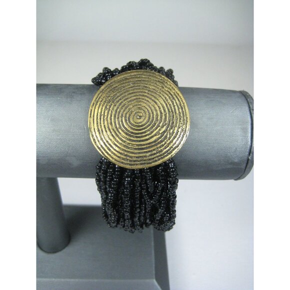Black Beaded Bracelet Round Brass Spiral Button Closure Boho Hippie Glass - Picture 4 of 9